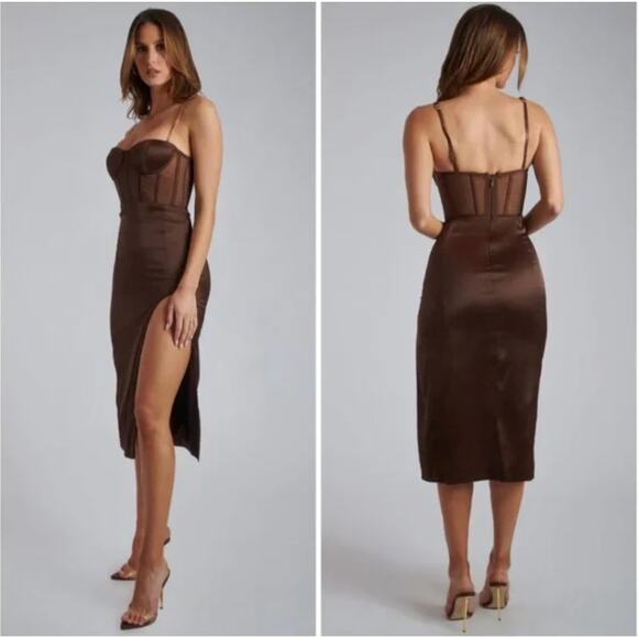 MESHKI Talisa Brown Gold Strap Strapless Sheath Midi Dress Women's Size Medium - Picture 10 of 10